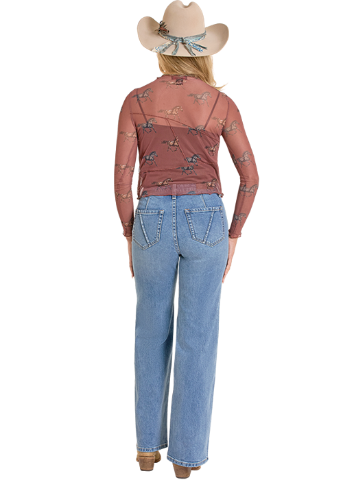 Panhandle Womens Rust Horse Print Mesh Top