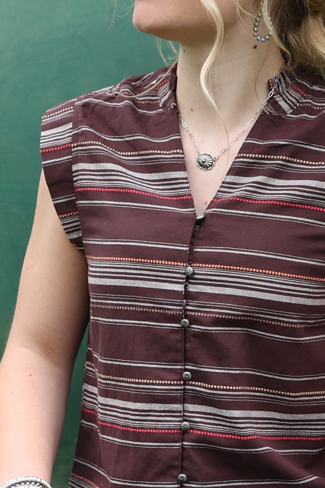 Cinch Womens Brown Striped Button Tank