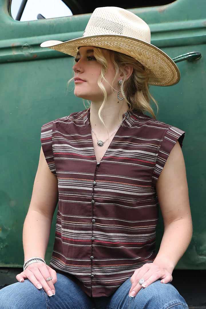Cinch Womens Brown Striped Button Tank
