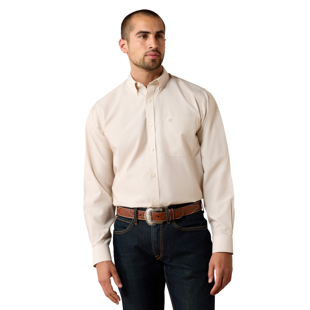 Ariat Mens Tan Wrinkle Free Solid Pinpoint Oxford Classic Fit Shirt
