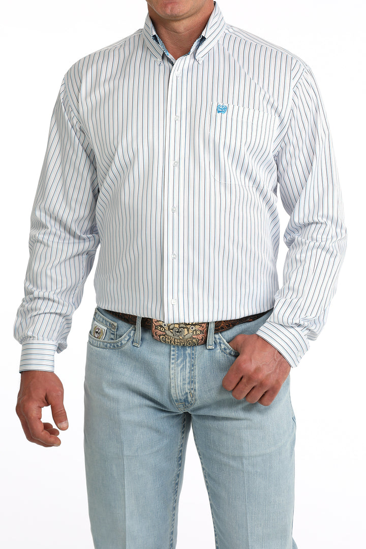 Cinch Mens White Striped Long Sleeve Shirt