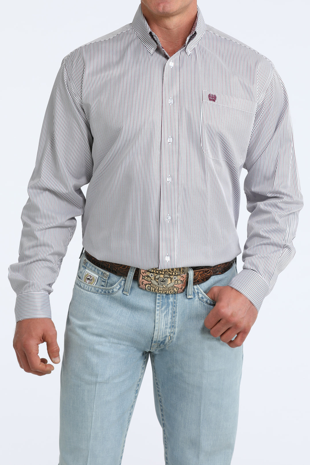 Cinch Mens White Stripe Long Sleeve Shirt