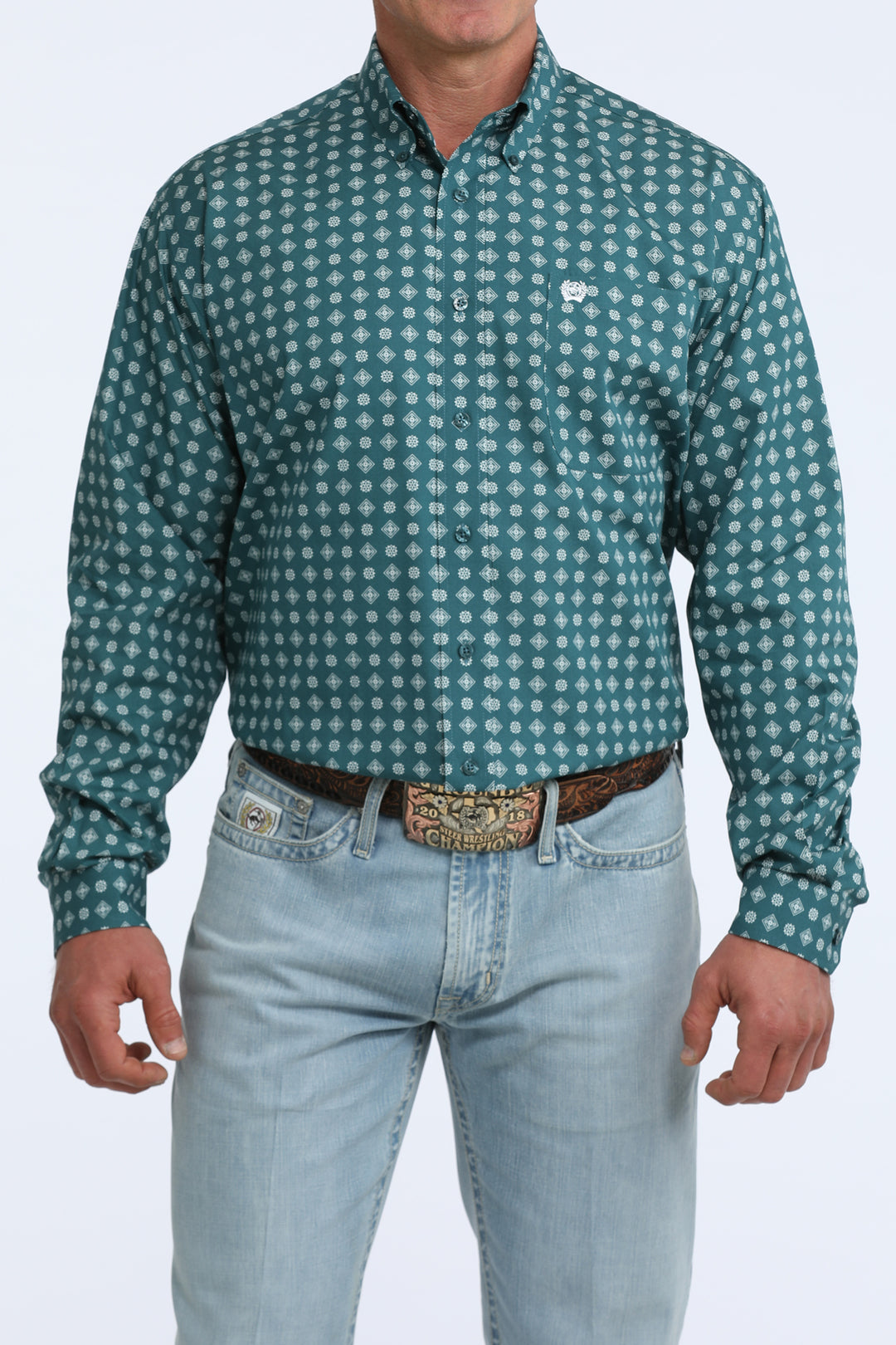 Cinch Mens Green Printed Long Sleeve Shirt
