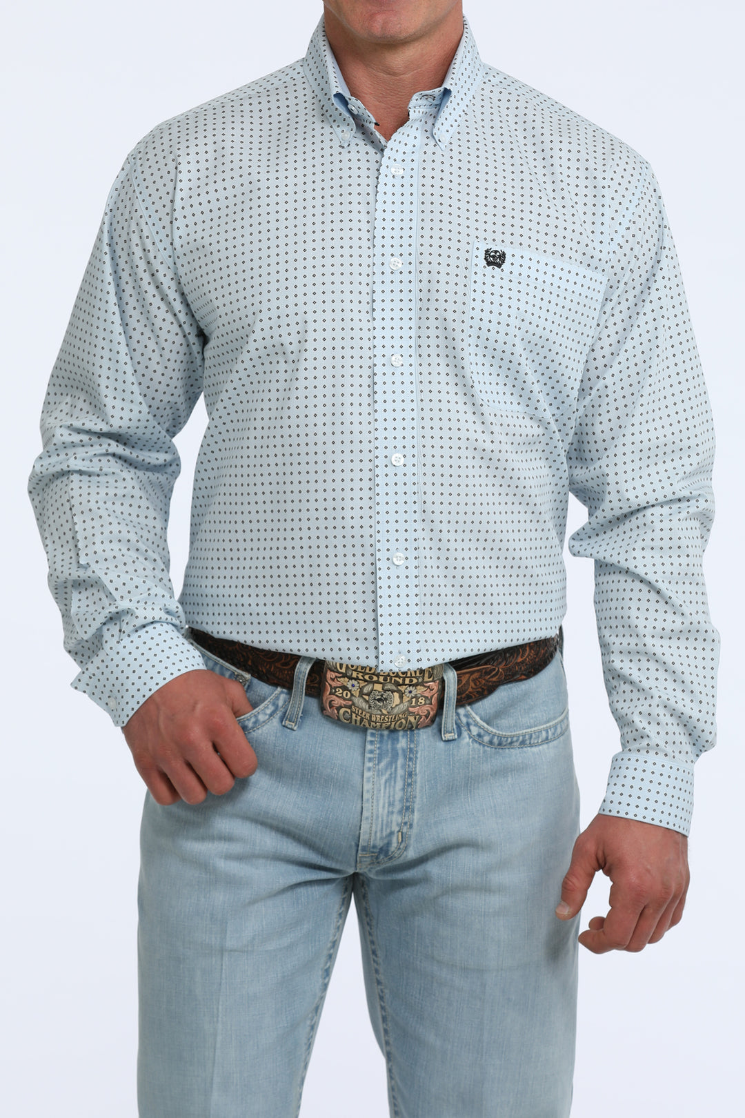 Cinch Mens Light Blue Print Long Sleeve Shirt