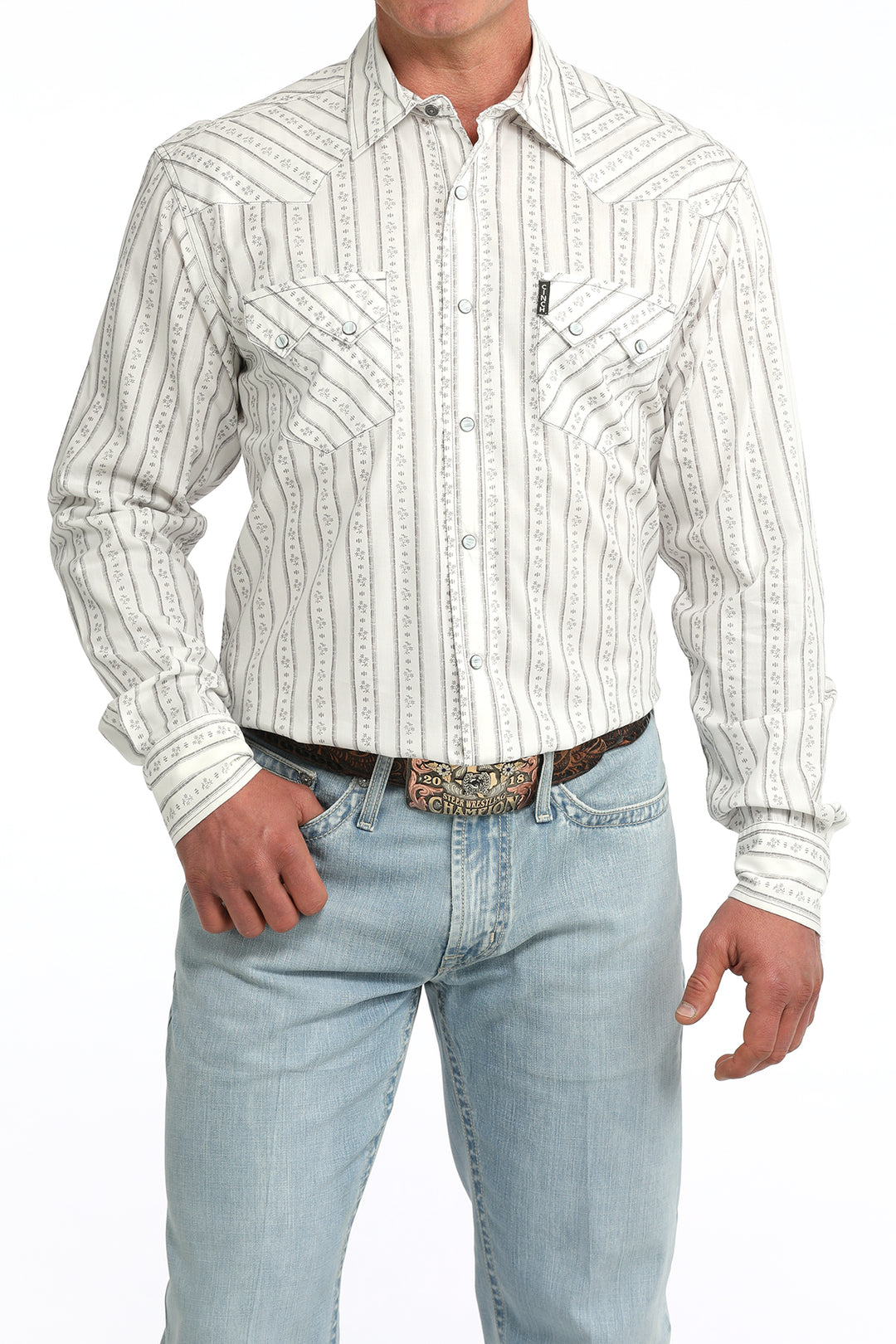 Cinch Mens White Printed Modern Fit Long Sleeve Shirt