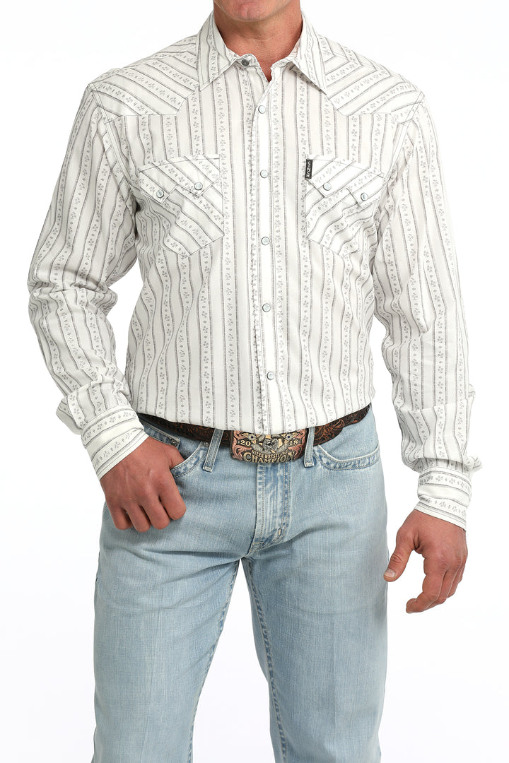 Cinch Mens White Printed Modern Fit Long Sleeve Shirt