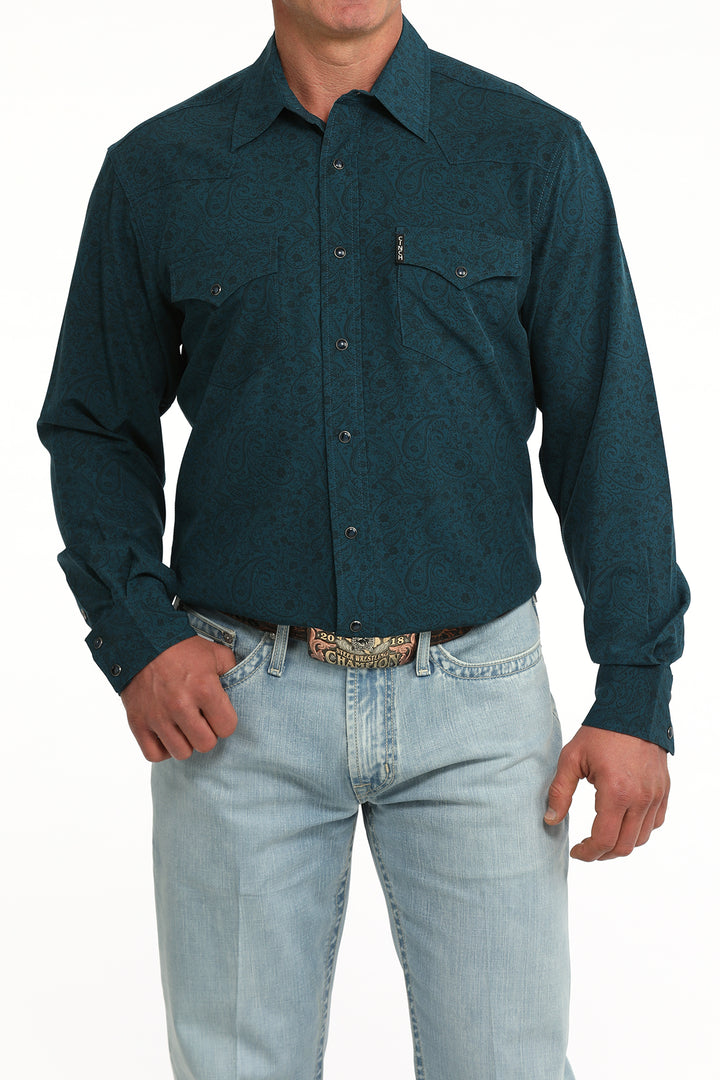Cinch Mens Teal Print Modern Long Sleeve Shirt
