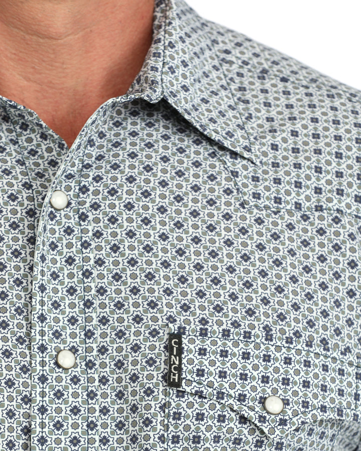 Cinch Mens White Printed Arenaflex Long Sleeve Pearl Snap Shirt