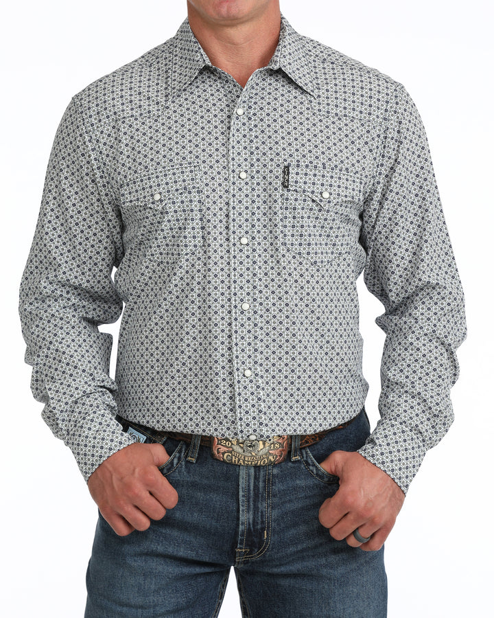 Cinch Mens White Printed Arenaflex Long Sleeve Pearl Snap Shirt