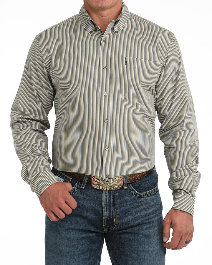 Cinch Mens Olive Stripe Modern Long Sleeve Shirt