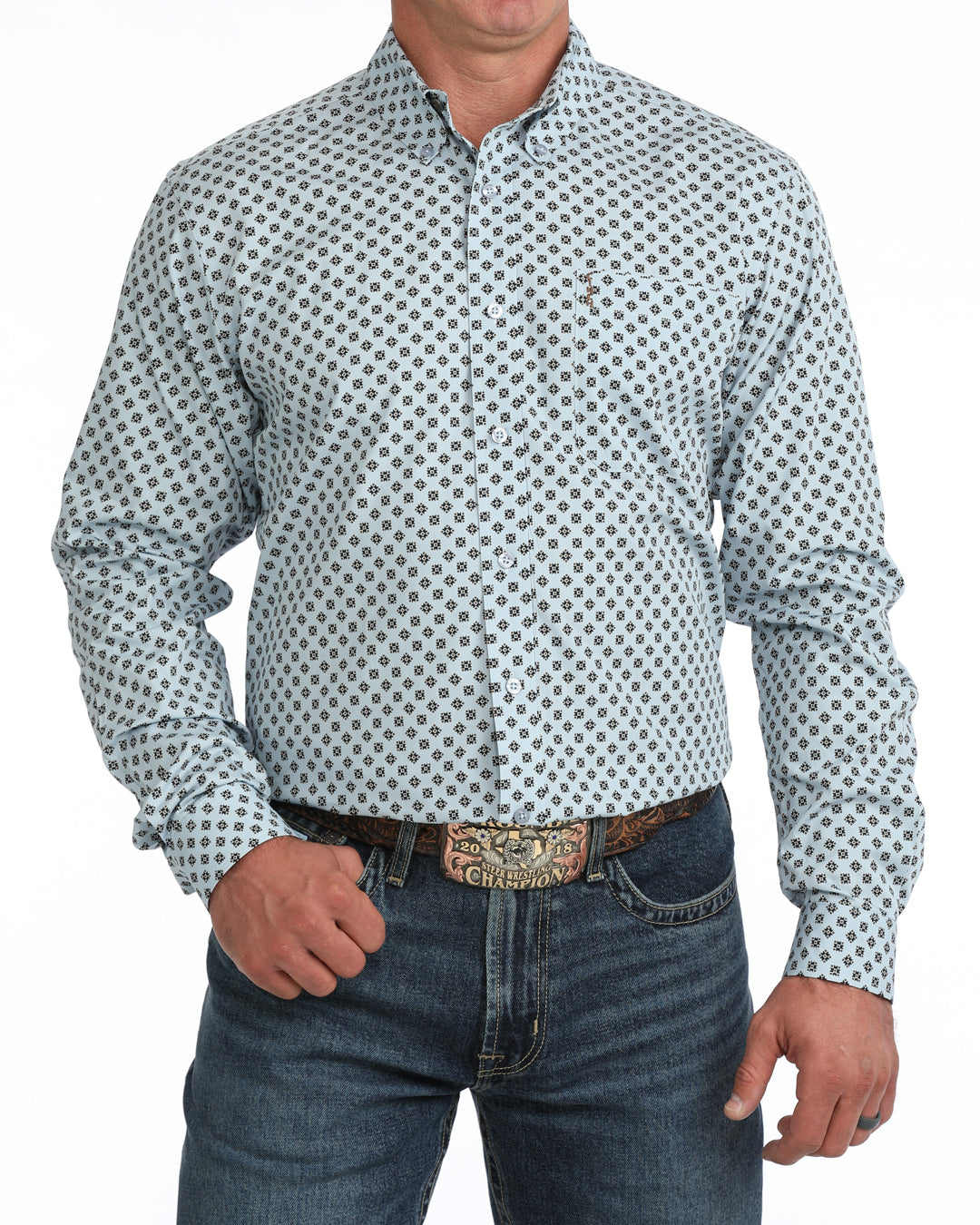 Cinch Mens Light Blue Print Modern Fit Long Sleeve Shirt