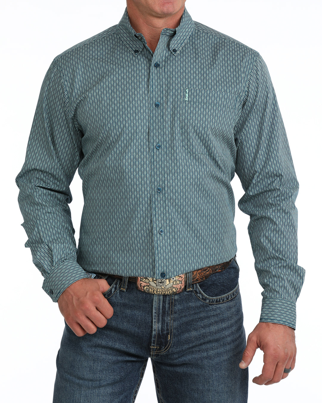 CInch Mens Blue Print Modern Fit Long Sleeve Shirt