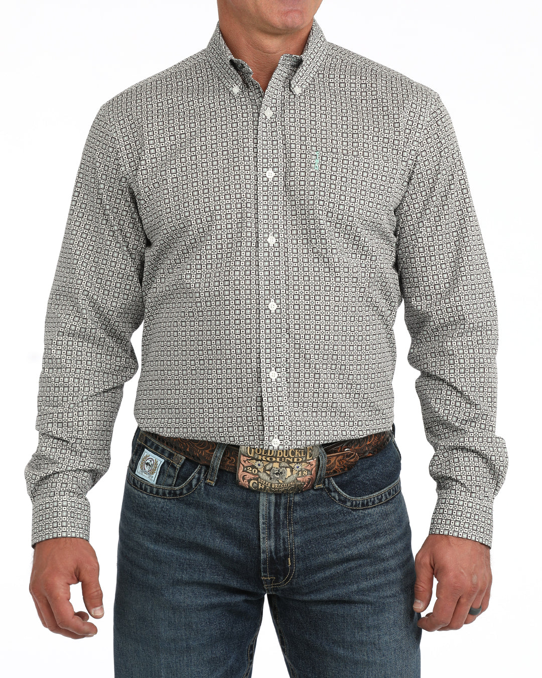 Cinch Mens White Print Modern Fit Long Sleeve Shirt