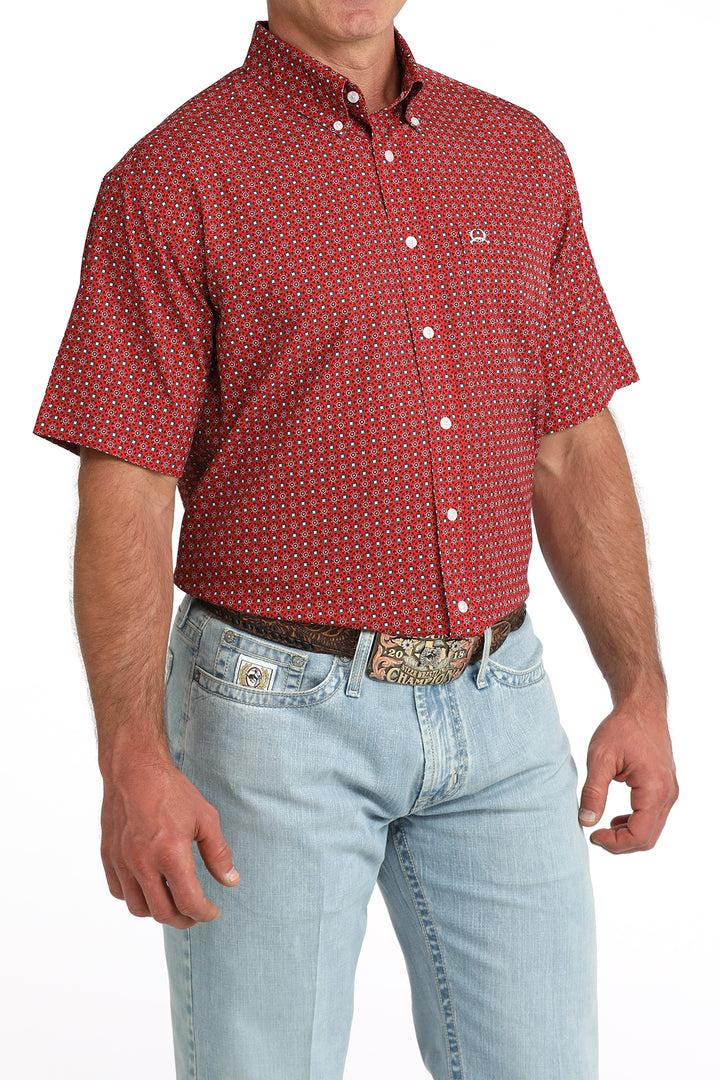 Cinch Mens Red Printed Arenaflex Short Sleeve Shirt