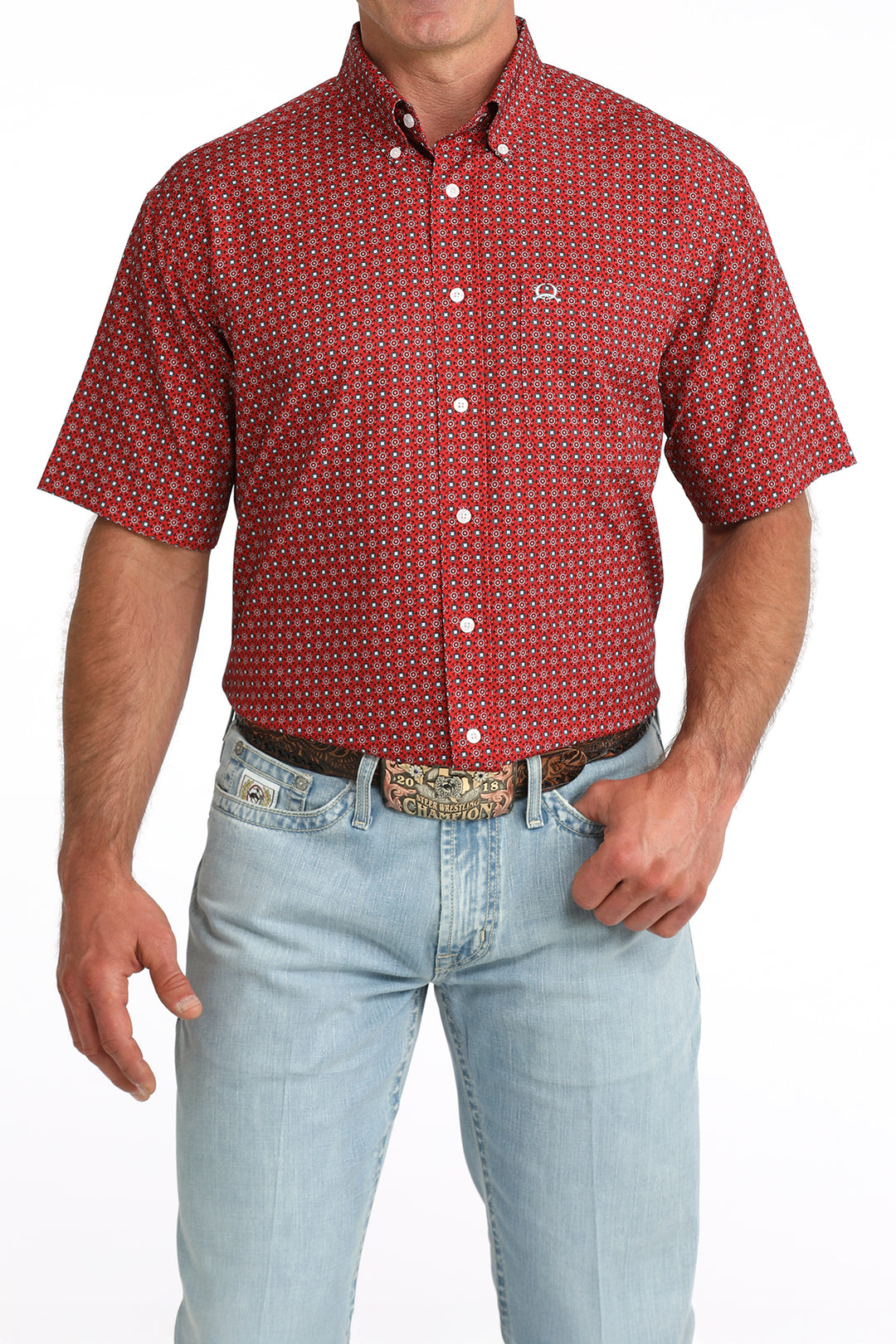 Cinch Mens Red Printed Arenaflex Short Sleeve Shirt