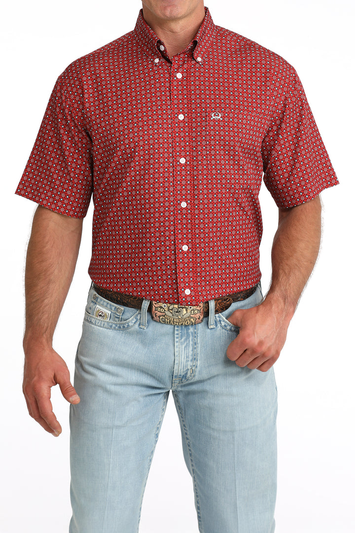 Cinch Mens Red Printed Arenaflex Short Sleeve Shirt