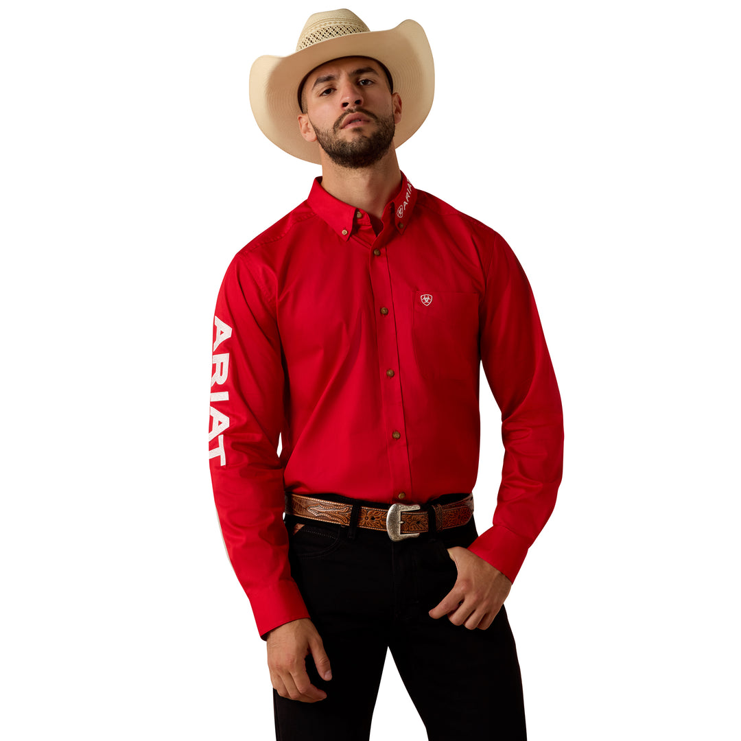 Ariat Mens Red Team Logo Lightweight Twill Fitted Shirt