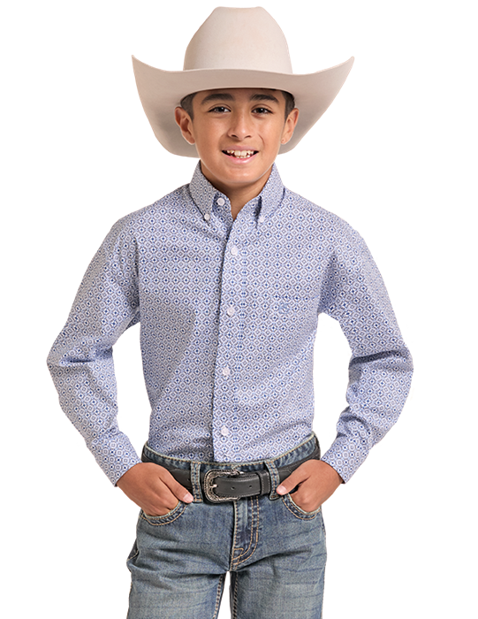 Panhandle Boys Blue Geo Print Long Sleeve Shirt