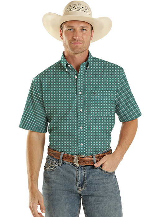 Panhandle Mens Turquoise Printed Short Sleeve Shirt