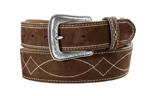 Mens Brown Suede Belt with White Boot Stitch