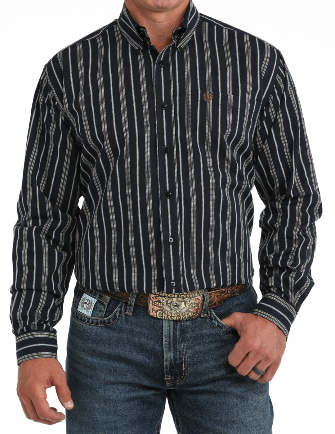 Cinch Mens Navy Stripe Long Sleeve Shirt