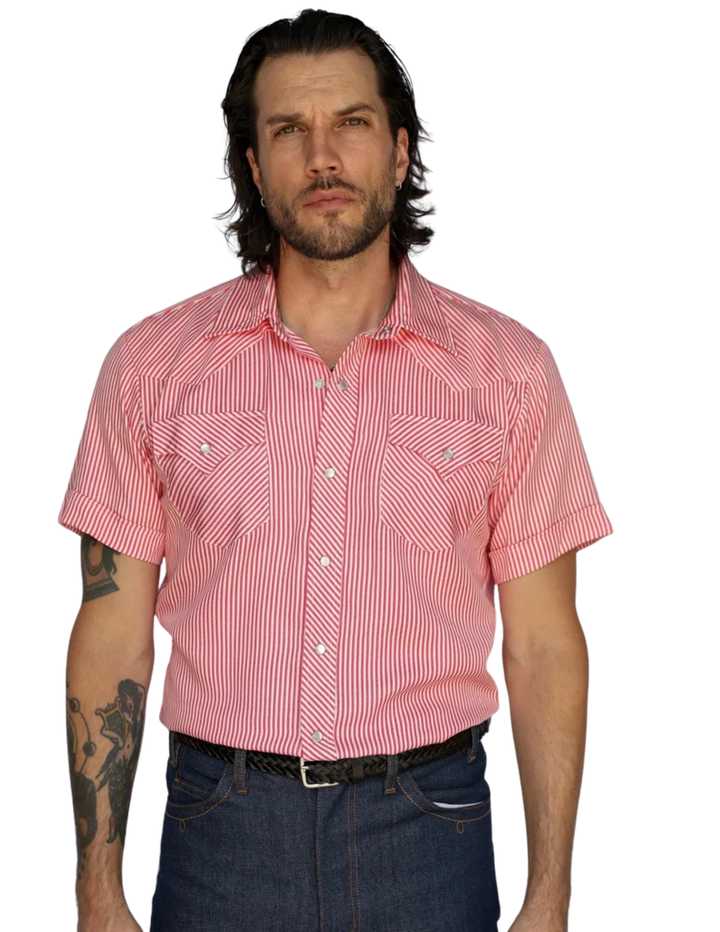 H Bar C Mens Newport Red Striped Short Sleeve Shirt