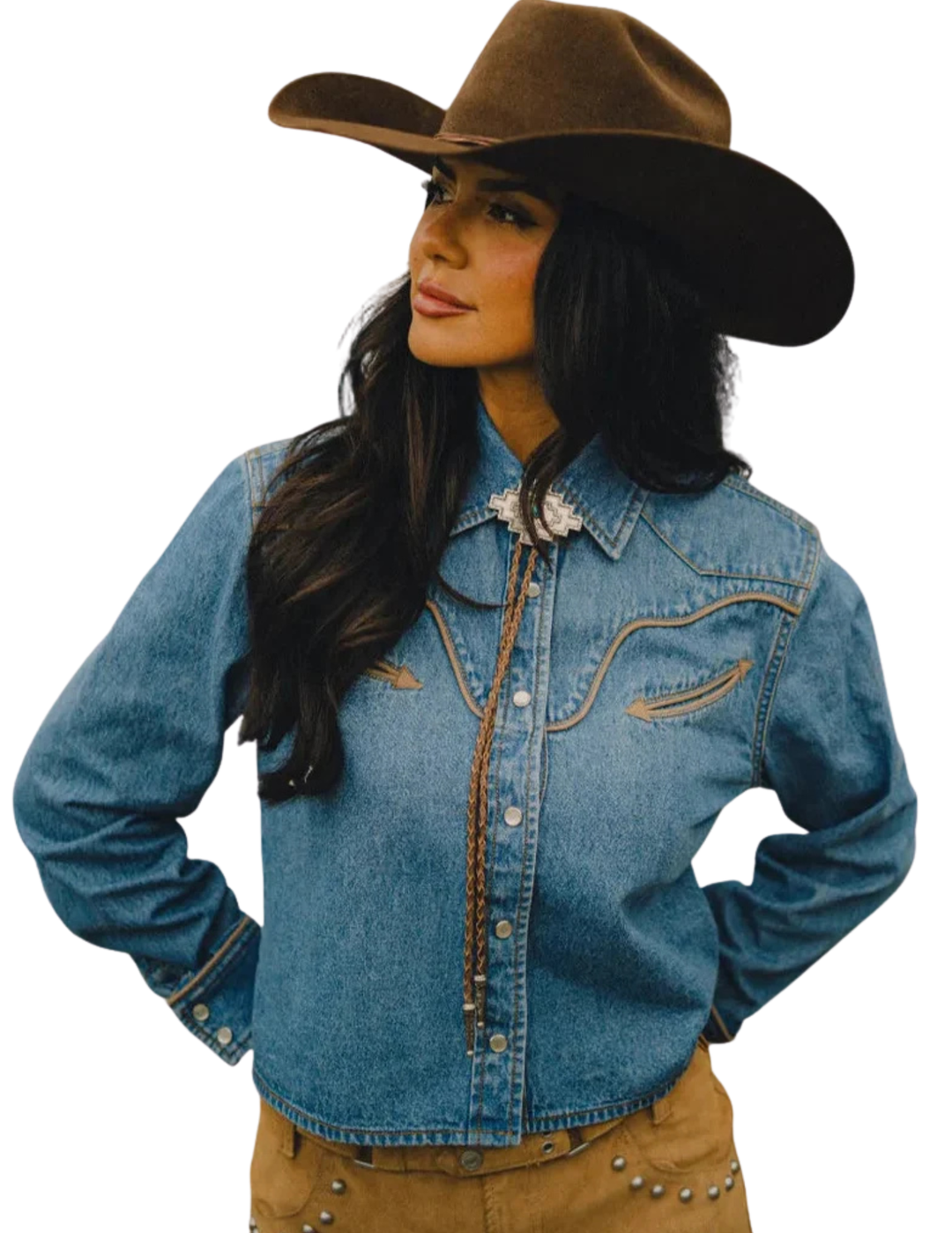 H Bar C Womens Cropped Denim Long Sleeve Shirt
