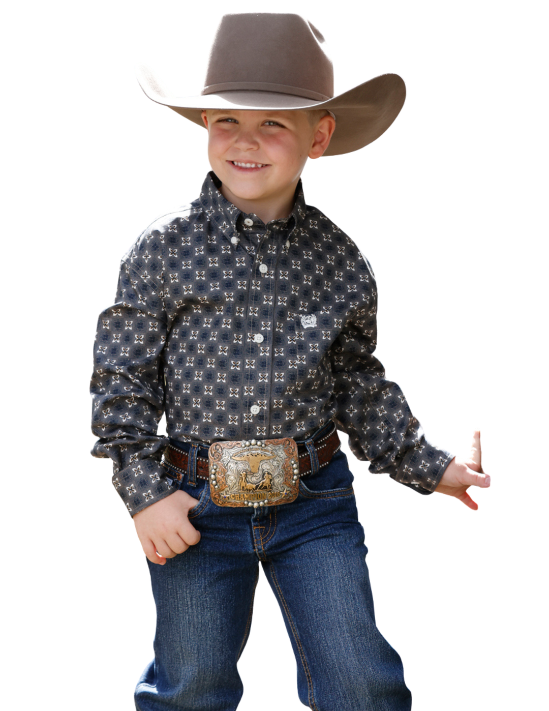 Cinch Boys Tan and Navy Print Long Sleeve Shirt