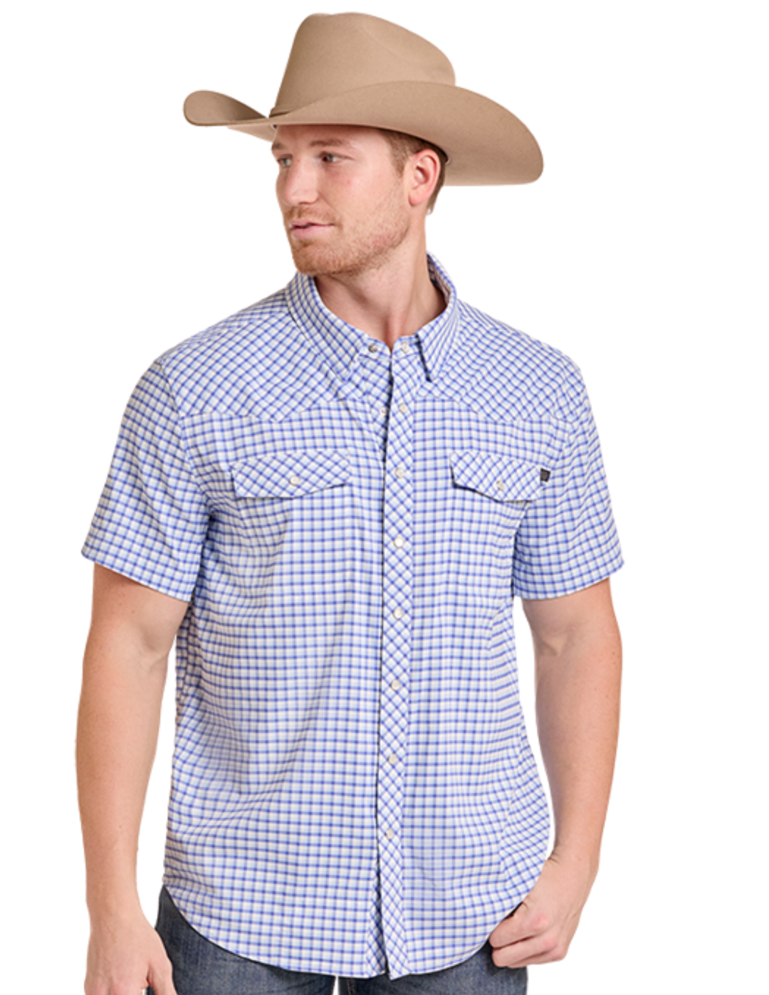Panhandle Mens Blue Checkered Print Short Sleeve Shirt