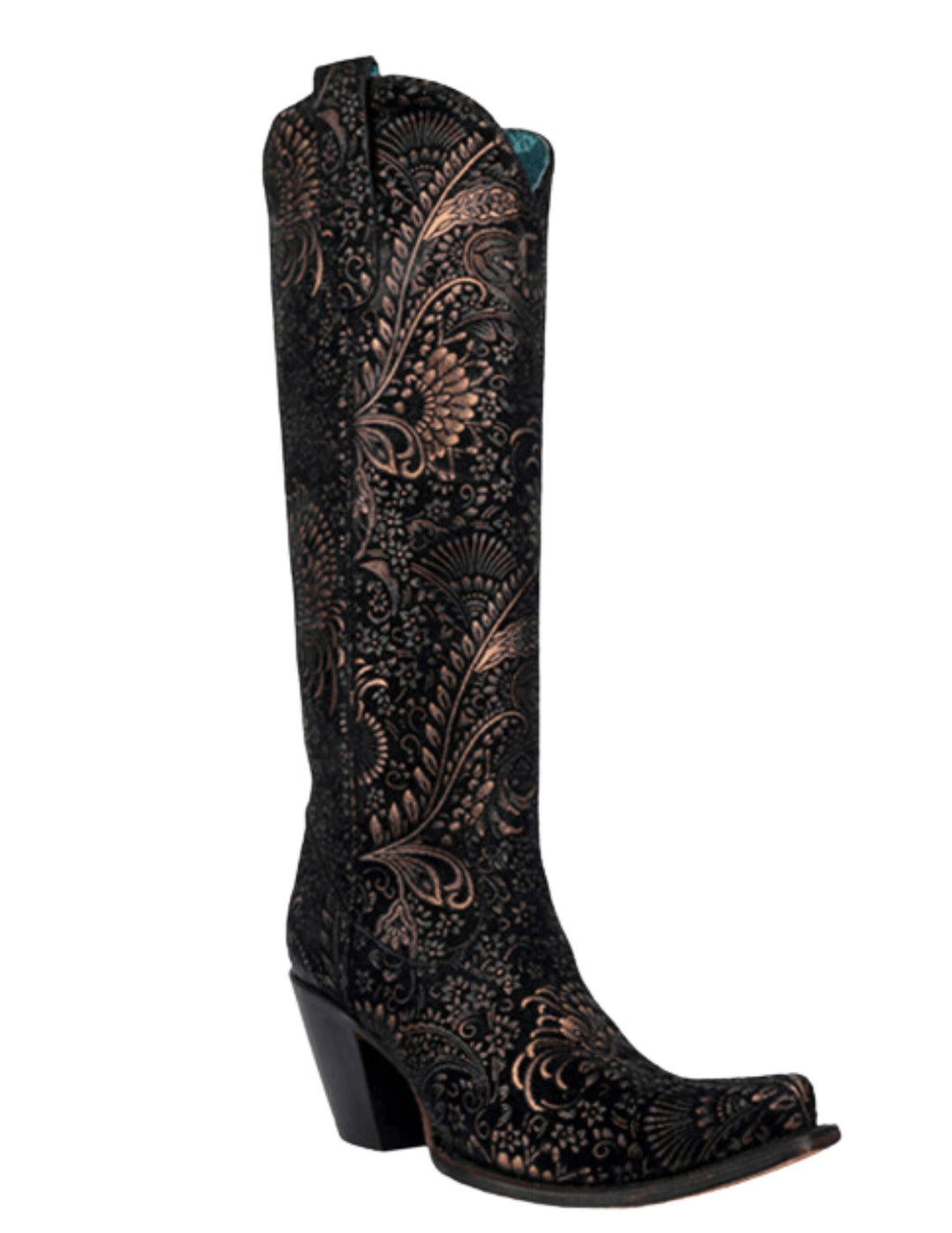 Corral Womens Black and Gold  Floral Tall Black Boots