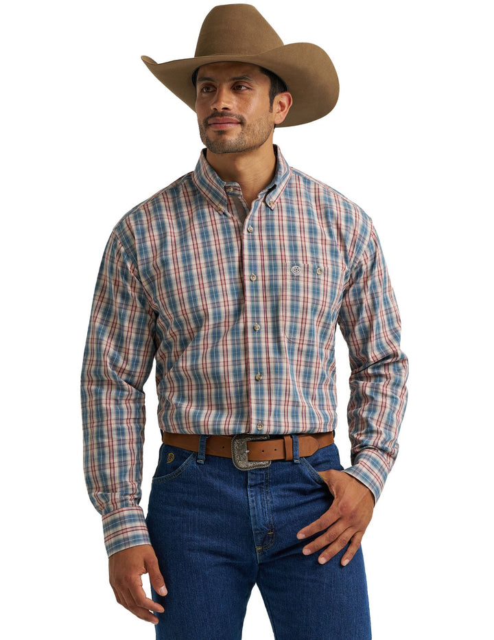 Wrangler Mens Beige Plaid Print Long Sleeve Shirt