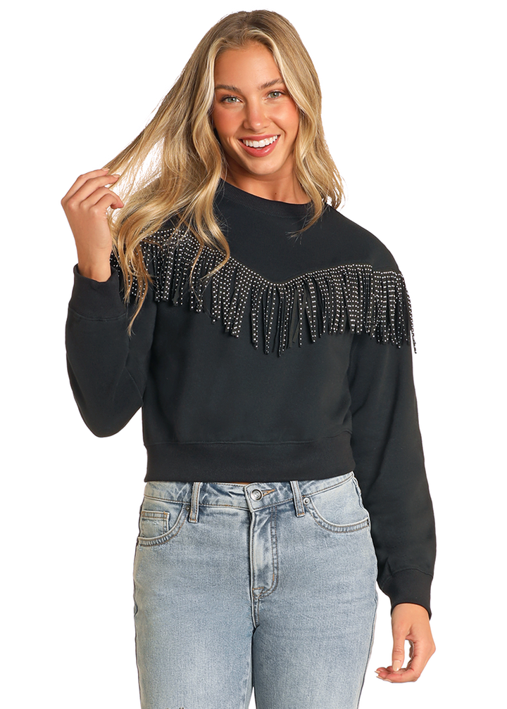 Panhandle Slim Womens Black Studded Fringe Pullover