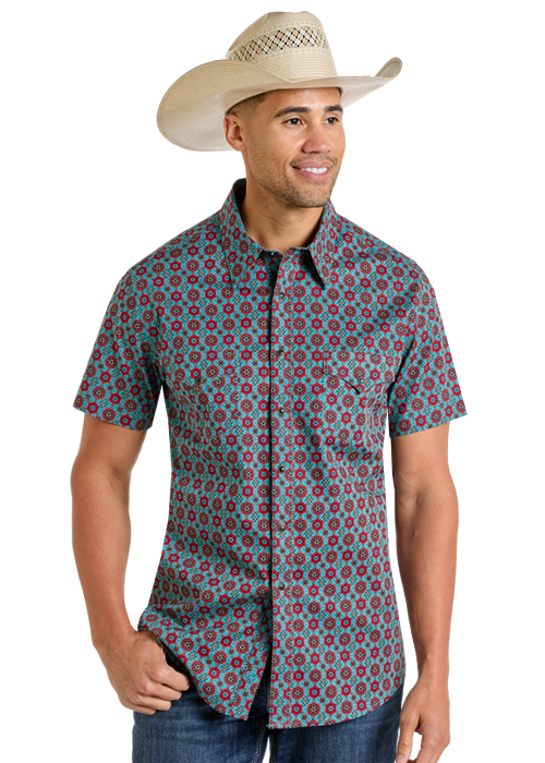 Panhandle Mens Turquoise Medallion Print Snap Shirt