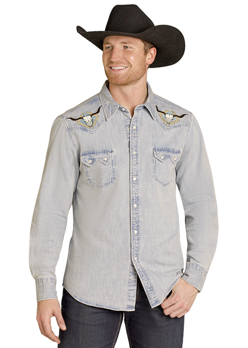 Panhandle Mens Longhorn Embellished Long Sleeve Shirt