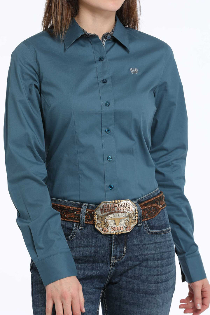 Cinch Womens Solid Teal Long Sleeve Shirt