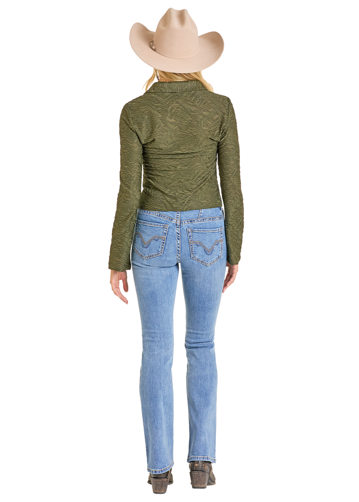 Panhandle Womens Olive Jacquard Collared Top