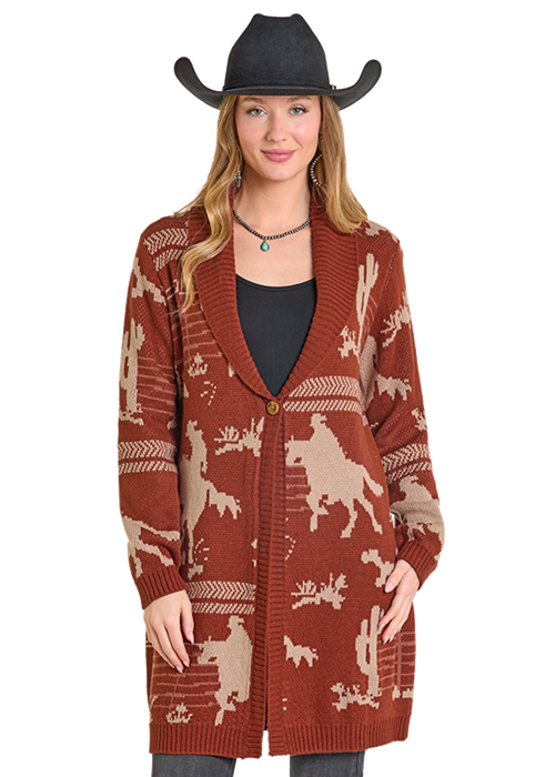 Panhandle Womens Cowboy Print Sweater Duster