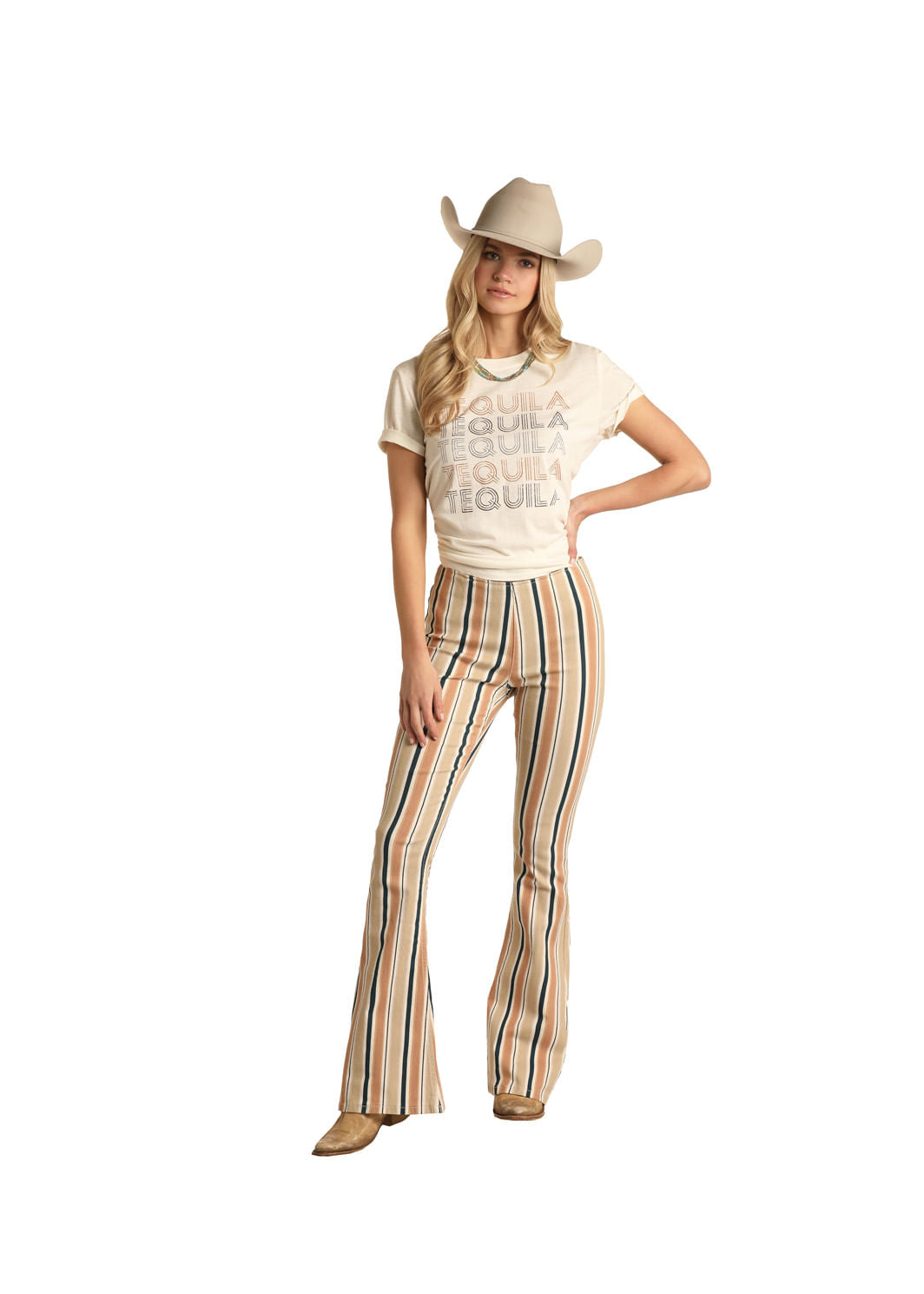 Panhandle Slim Womens Beige Stripe Pullon Flares Jeans