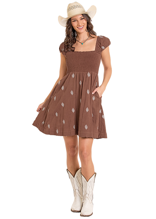 Panhandle Womens Brown Aztec Embroidered Mini Dress