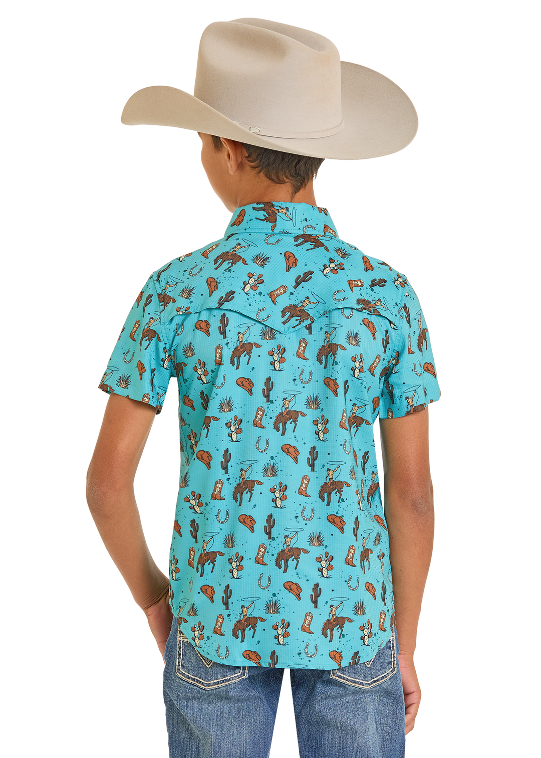 Panhandle Boys Turquoise Western Novelty Print Short Sleeve Shirt
