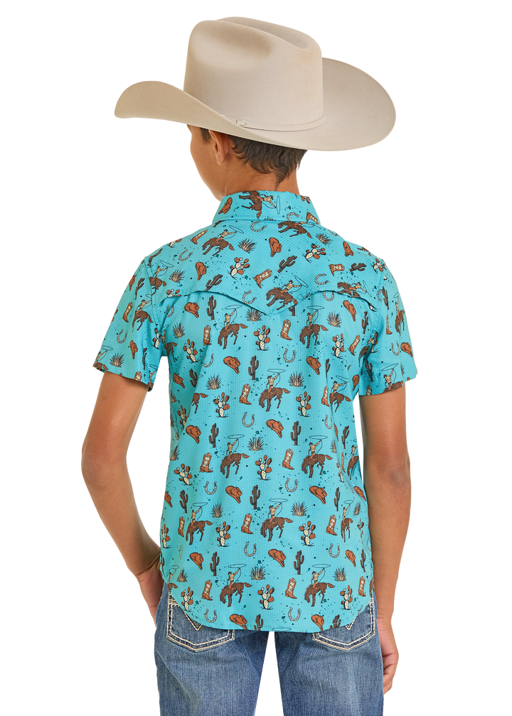 Panhandle Boys Turquoise Western Novelty Print Short Sleeve Shirt