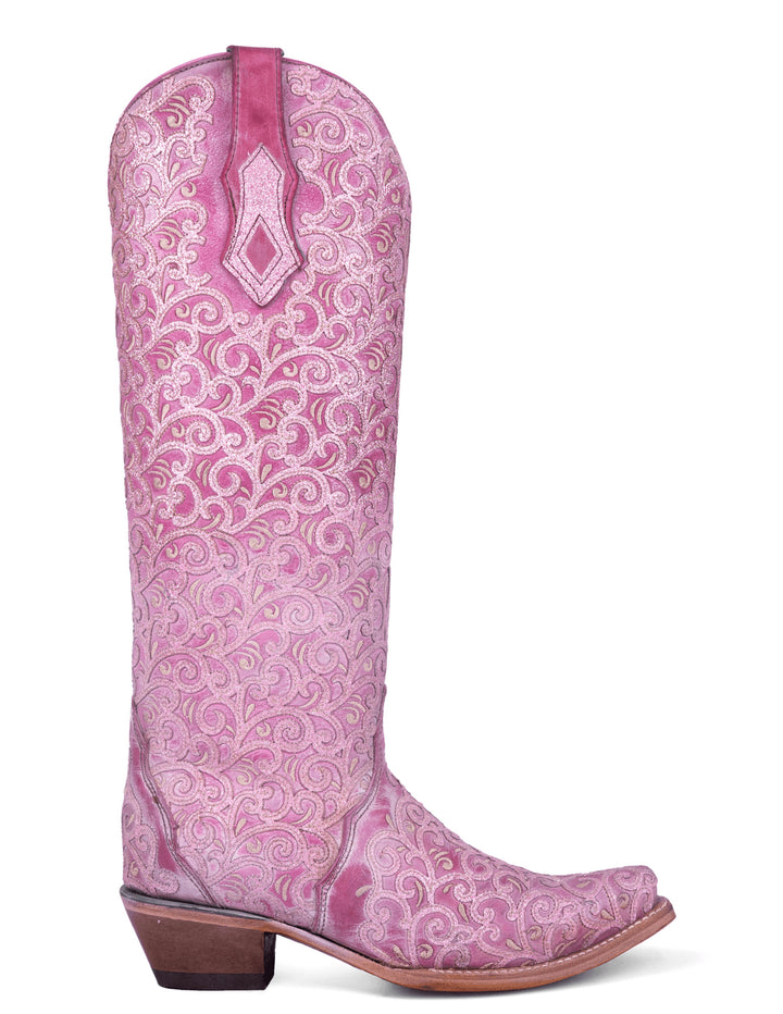 Corral Womens Pink Glitter Overlay & Embroidery Triad Boots