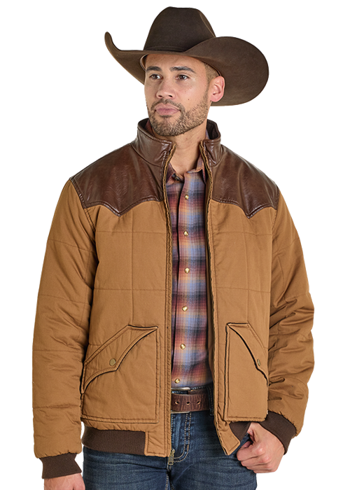 Panhandle Mens Camel Twill Puffer Bomber Jacket