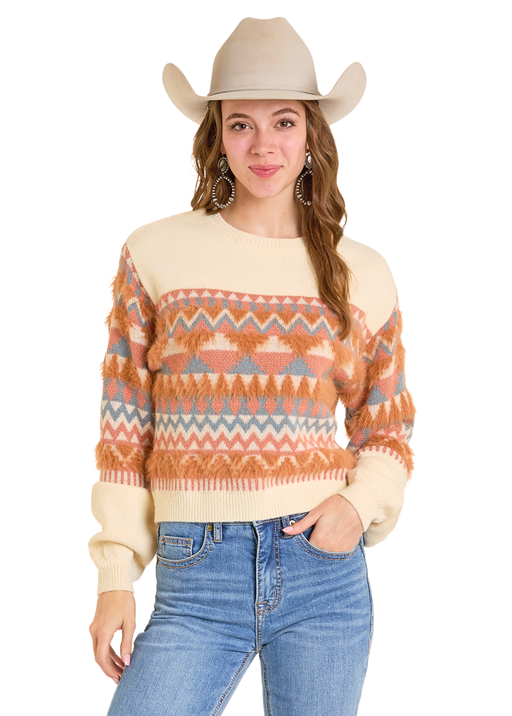 Panhandle Womens Natural Geo Stripe Sweater