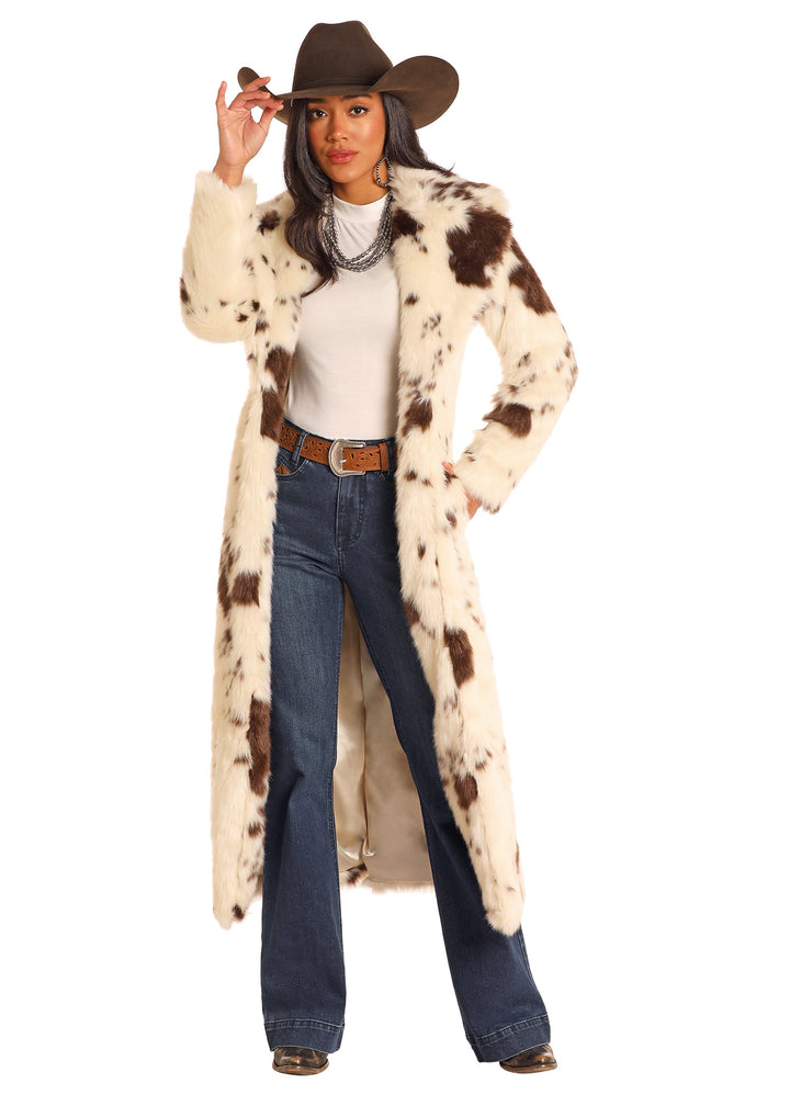 Panhandle Womens Cow Print Long Fur Coat