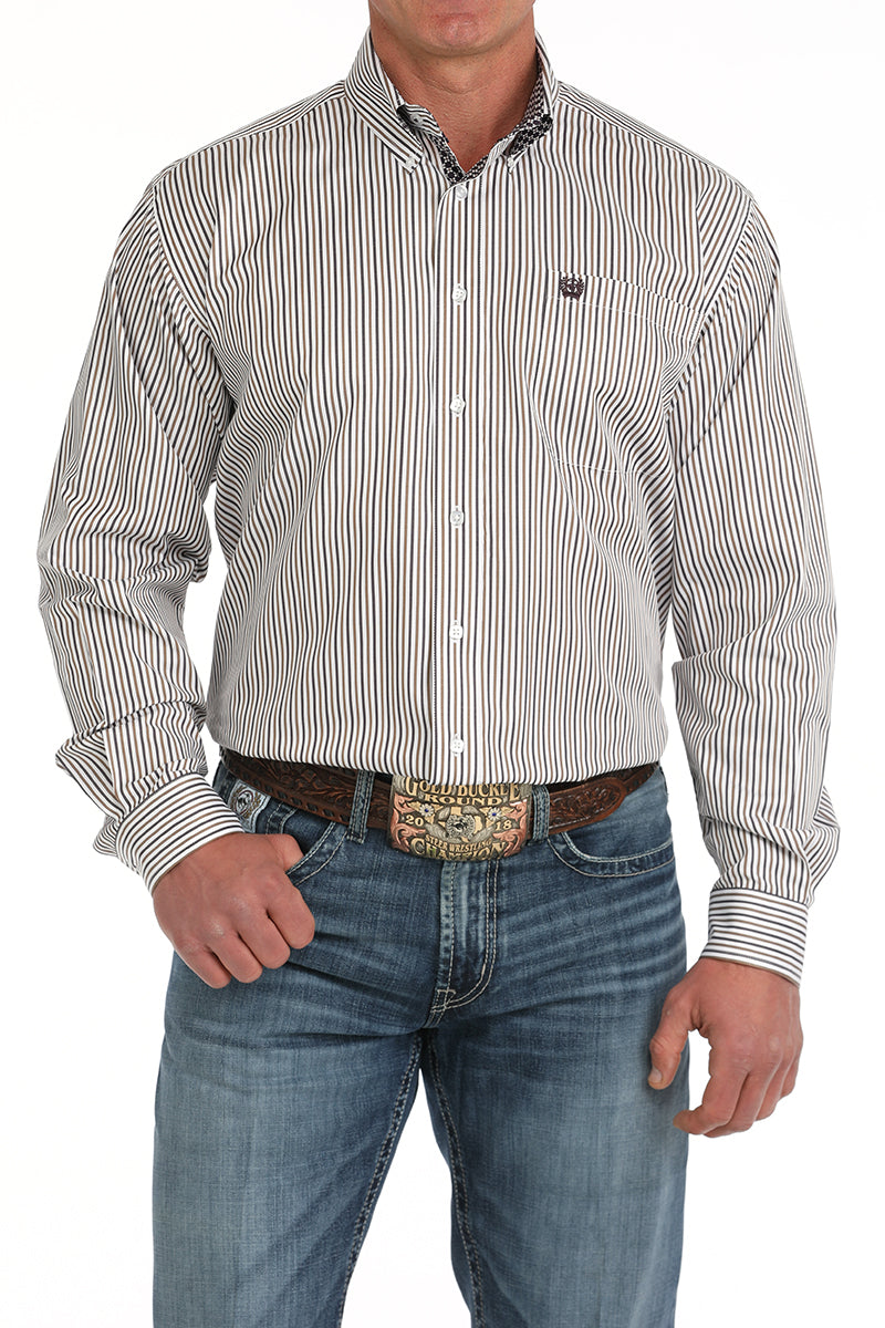 Cinch Mens White Striped Long Sleeve Shirt