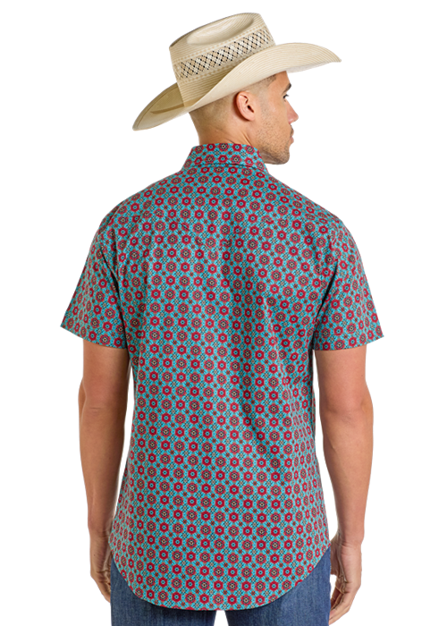 Panhandle Mens Turquoise Medallion Print Snap Shirt