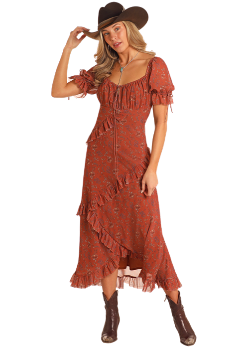 Panhandle Womens Rust Ruffle Dress