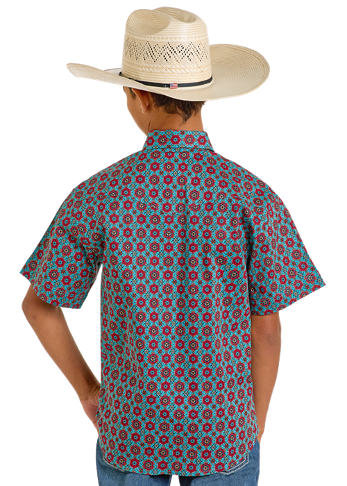 Panhandle Boys Turquoise Medallion Print Short Sleeve Shirt