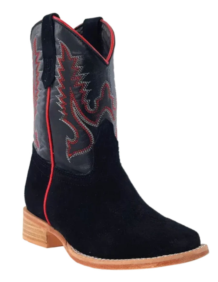 R.Watson Kids Black Roughout Wide Square Toe Boots